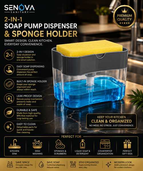 2-in-1 Soap Pump Dispenser &amp; Sponge Holder – Kitchen Sink Dishwashing Organizer