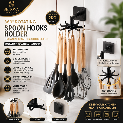 360° Rotating Spoon Hooks Holder – 6 Hook Kitchen Utensil & Spatula Hanger | Self-Adhesive No-Drill Wall Organizer