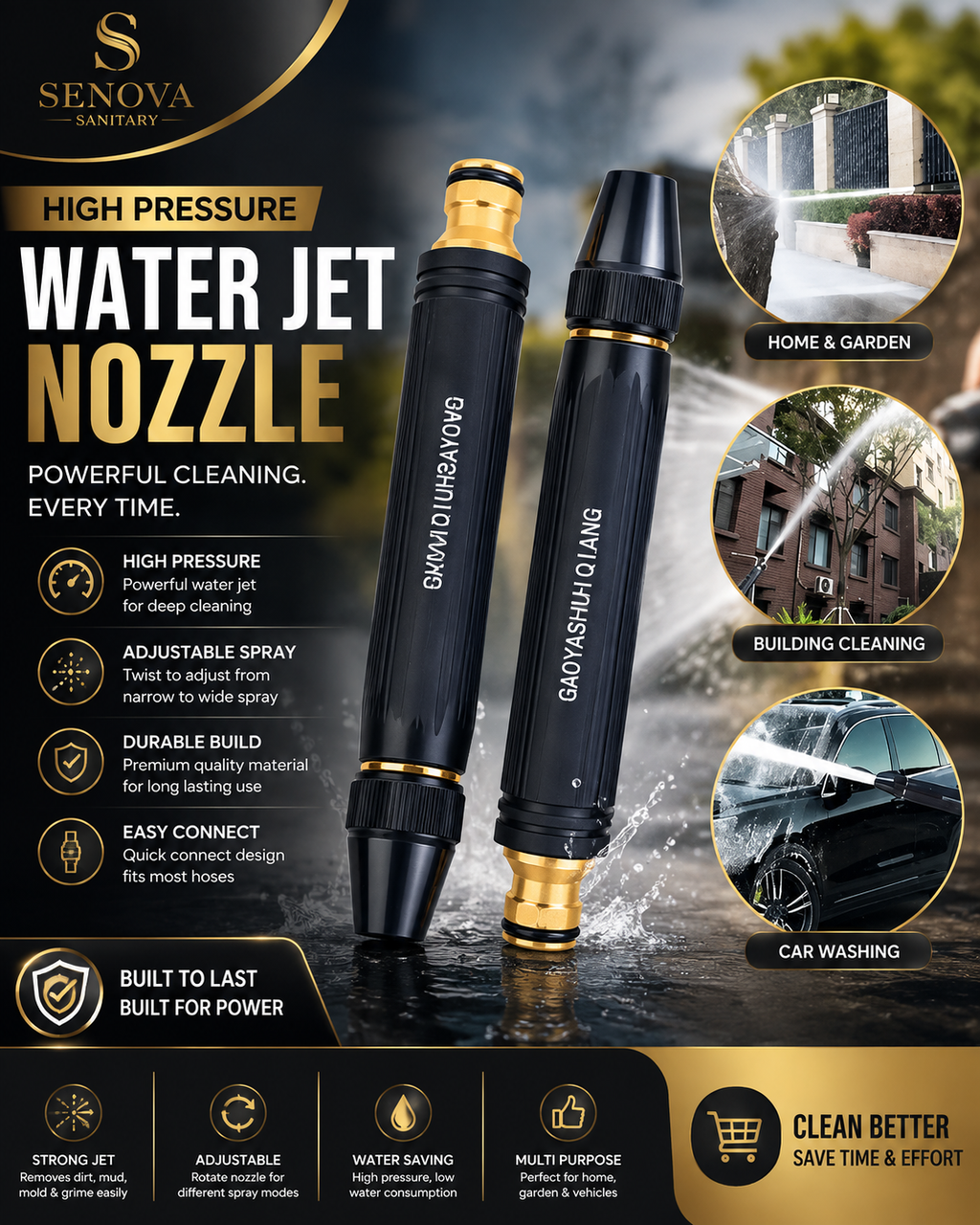Premium High-Pressure Water Jet Nozzle – Adjustable Spray Hose Attachment for Car, Garden & Home Cleaning