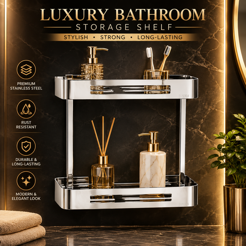 2-Tier Stainless Steel Bathroom Corner Shelf – Wall Mounted Shower Caddy Organizer | Rust-Resistant Bathroom Storage Rack for Shampoo & Soap