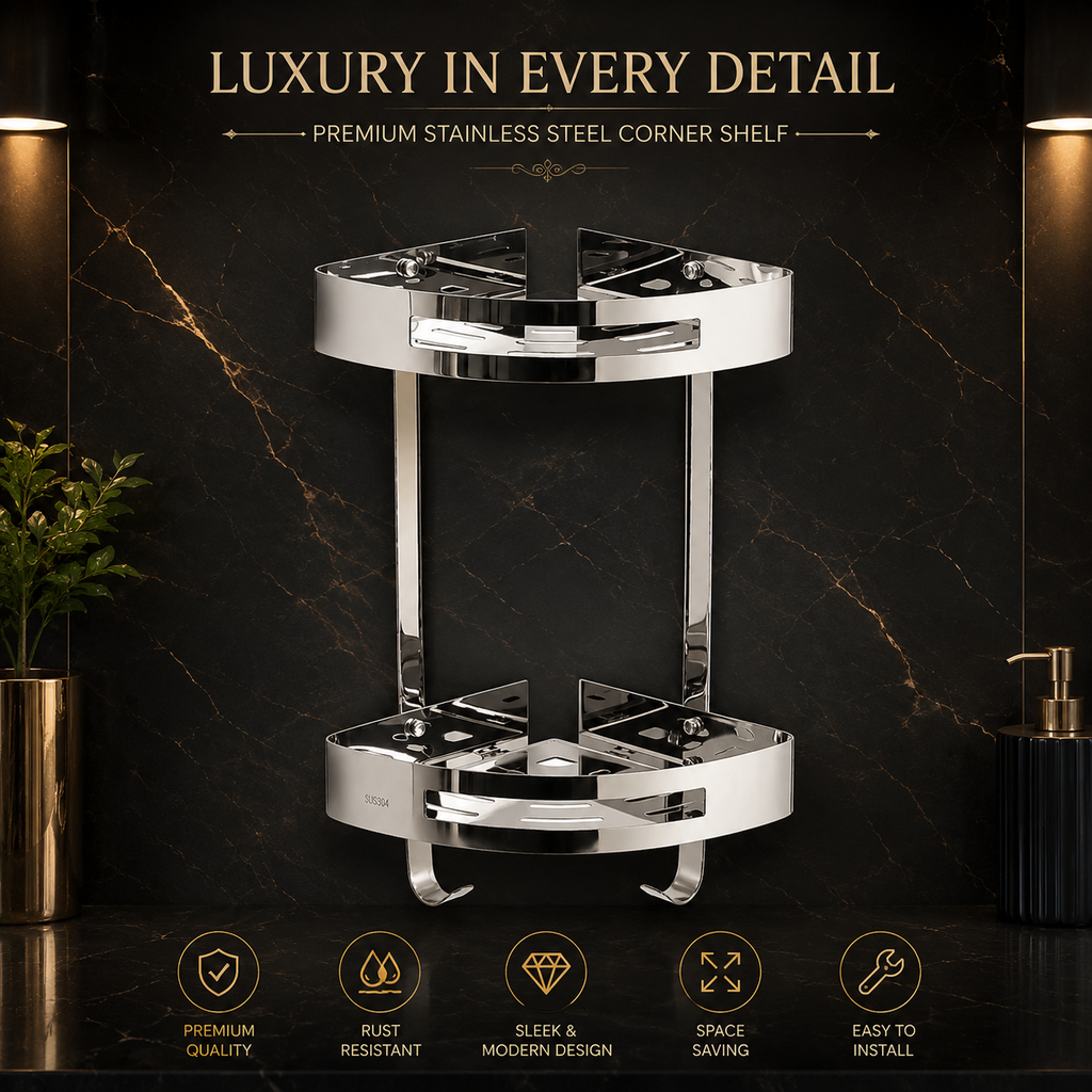 2-Tier Stainless Steel Corner Bathroom Shelf – Wall Mounted Shower Caddy Organizer | Rust-Resistant Shampoo, Soap & Toiletry Storage Rack