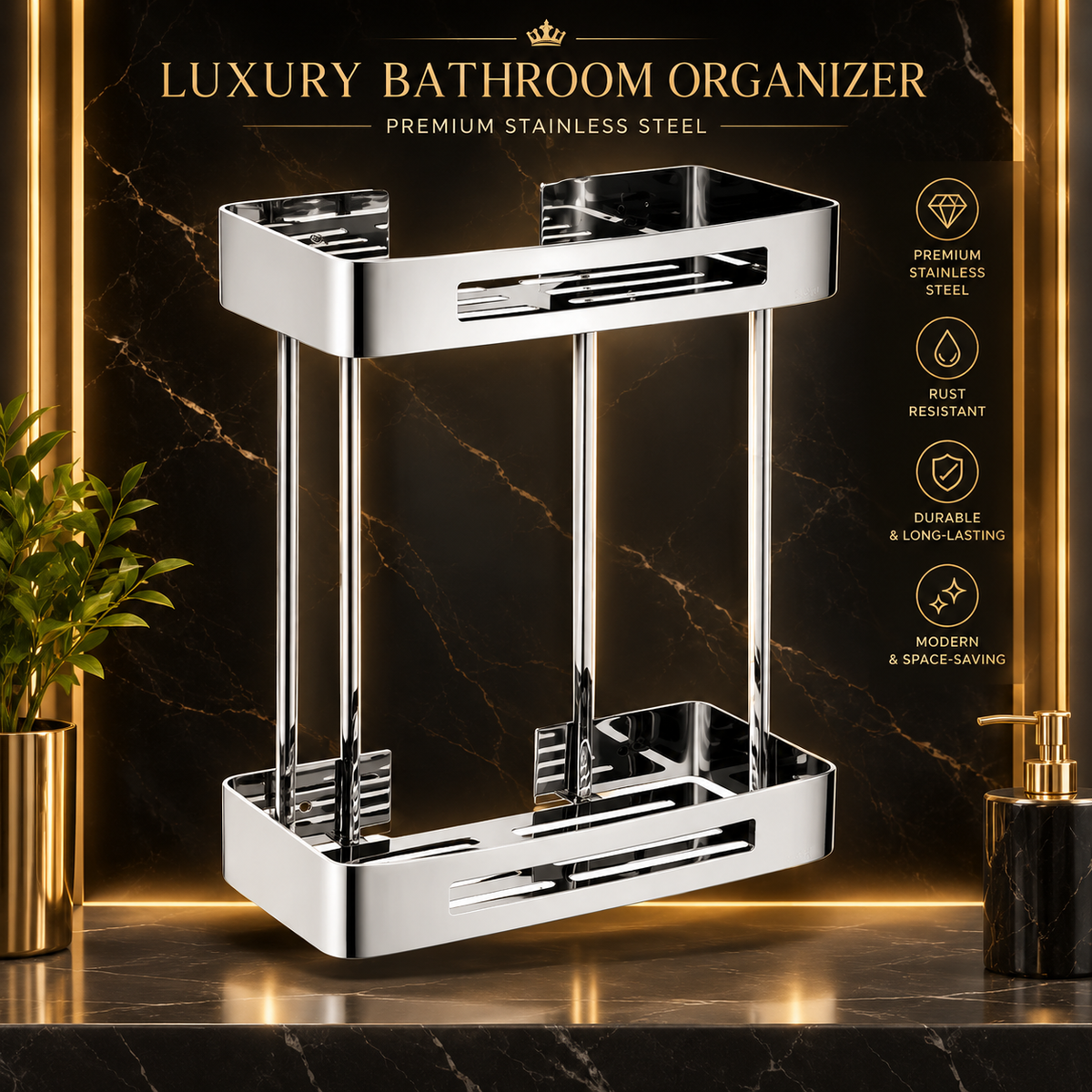 2-Tier Stainless Steel Bathroom Corner Shelf – Wall Mounted Shower Caddy Organizer | Rust-Resistant Bathroom Storage Rack for Shampoo & Soap