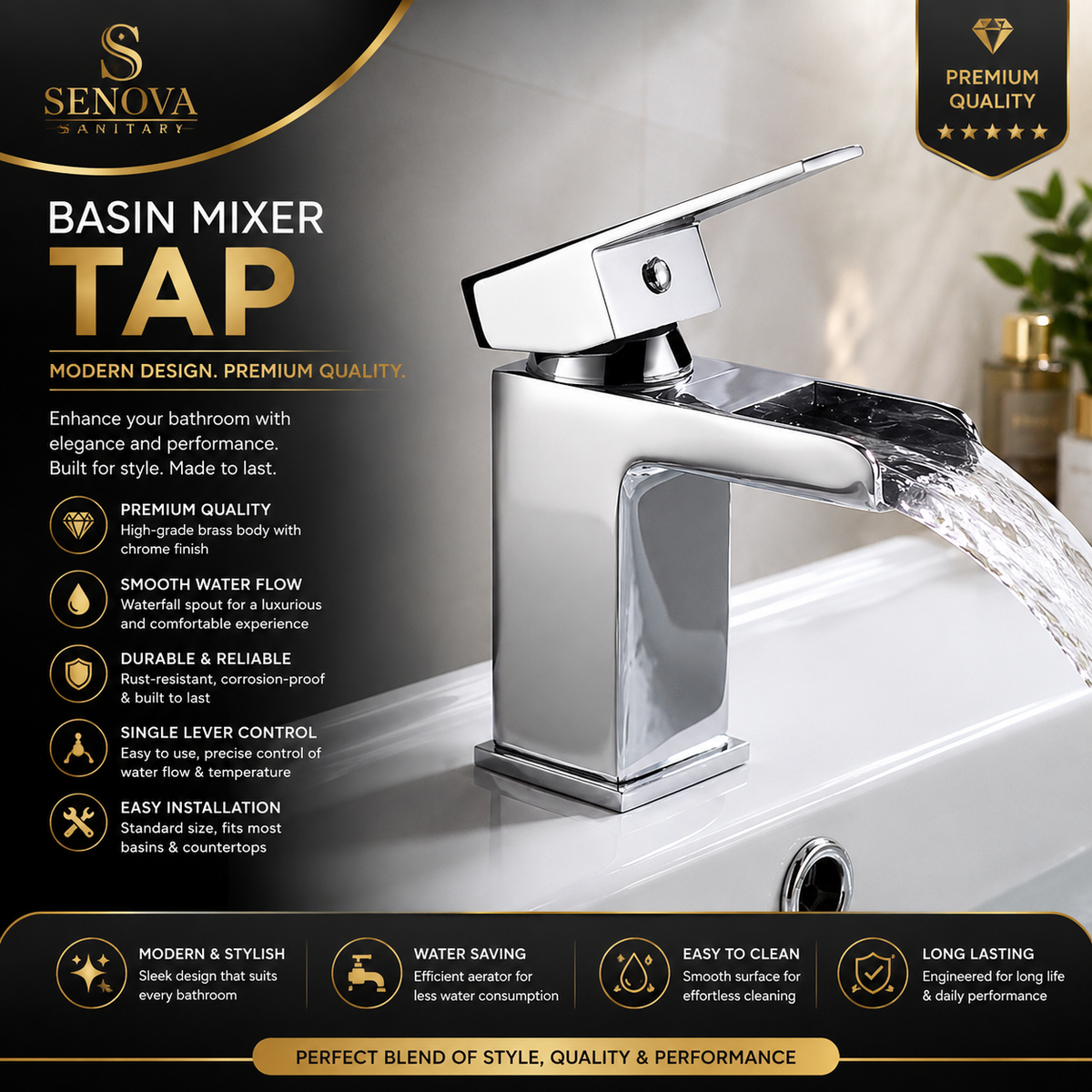 Premium Chrome Waterfall Basin Mixer Tap – Modern Single Lever Bathroom Faucet