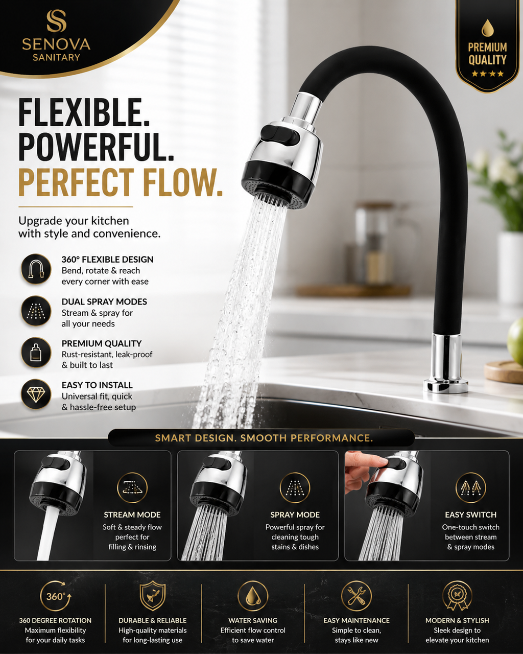 Premium Flexible Kitchen Sink Faucet – 360° Rotating Tap with Dual Spray Modes