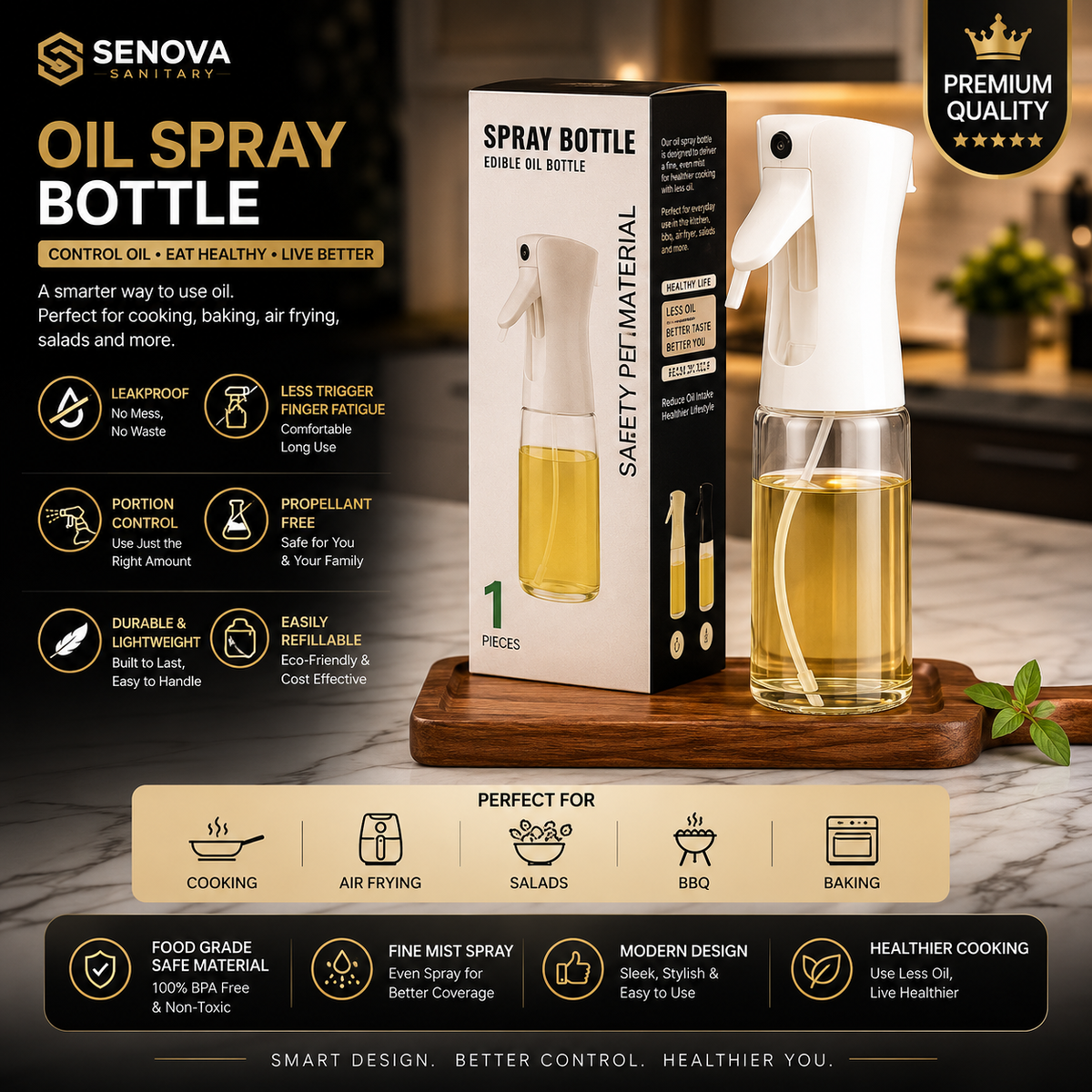 Premium Oil Spray Bottle for Cooking – Fine Mist Olive Oil Sprayer | Refillable Kitchen Oil Dispenser for Air Fryer, Baking & BBQ