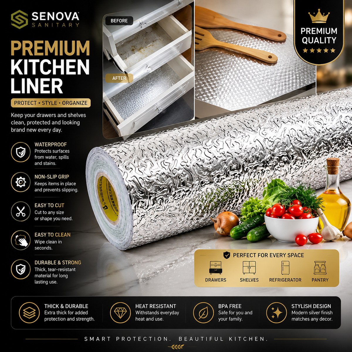 Premium Silver Kitchen Liner Roll – Waterproof & Heat Resistant Shelf Mat | Non-Slip Drawer, Cabinet, Refrigerator & Pantry Liner