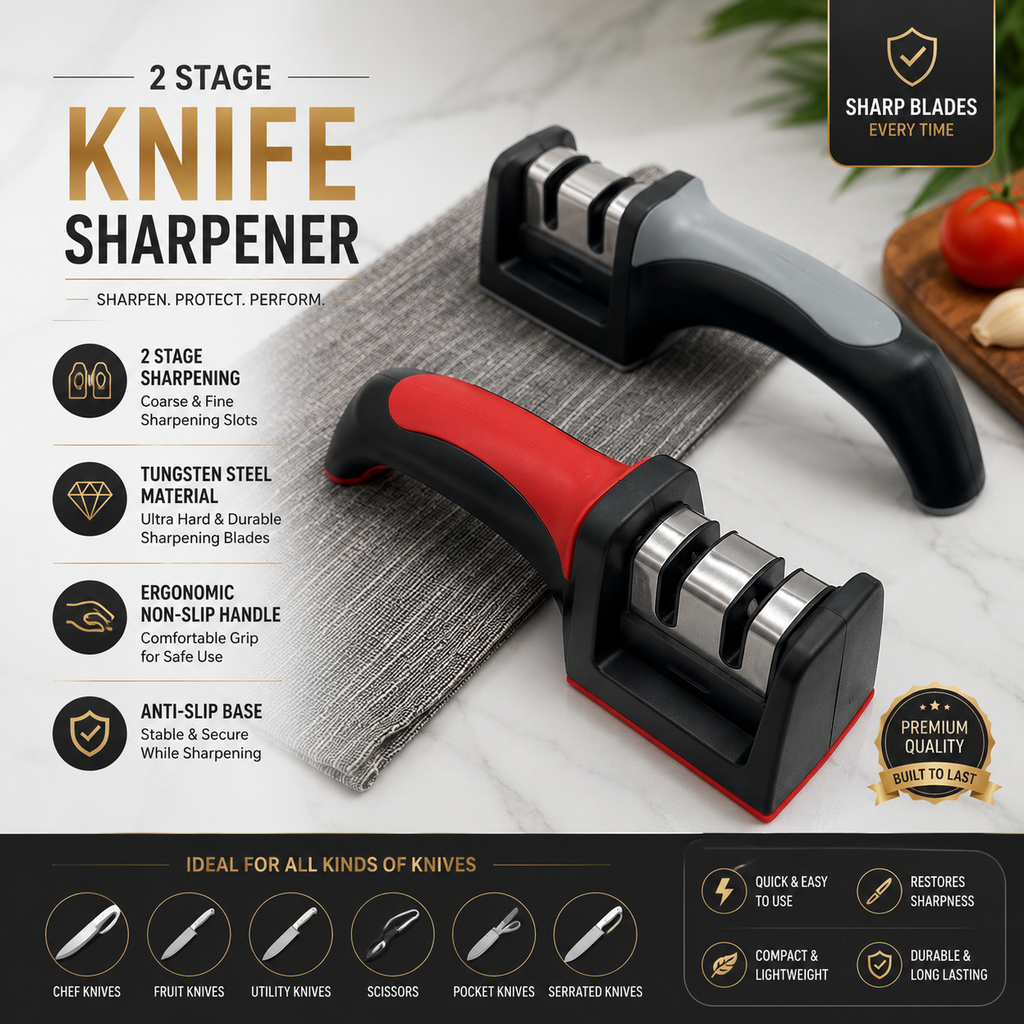 2-Stage Knife Sharpener – Tungsten Steel Kitchen Knife & Scissor Sharpener | Coarse & Fine Sharpening Slots with Non-Slip Base