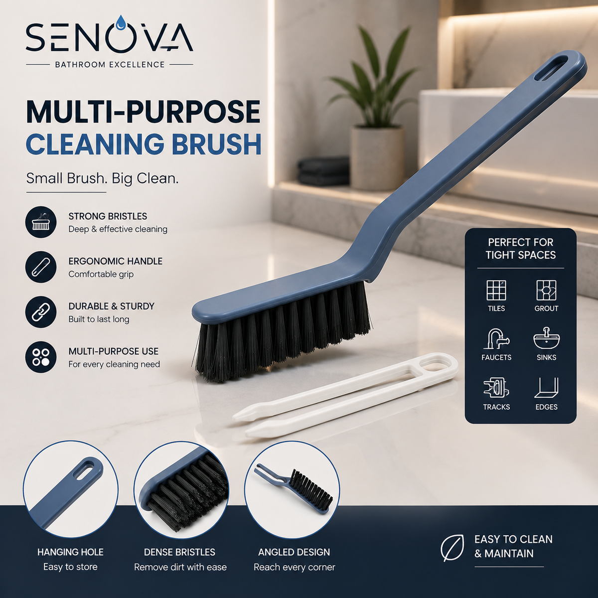 Multi-Purpose Bathroom Cleaning Brush – Long Handle Tile & Grout Scrubber | Hard Bristle Cleaning Brush for Sinks, Faucets, Edges & Tight Spaces