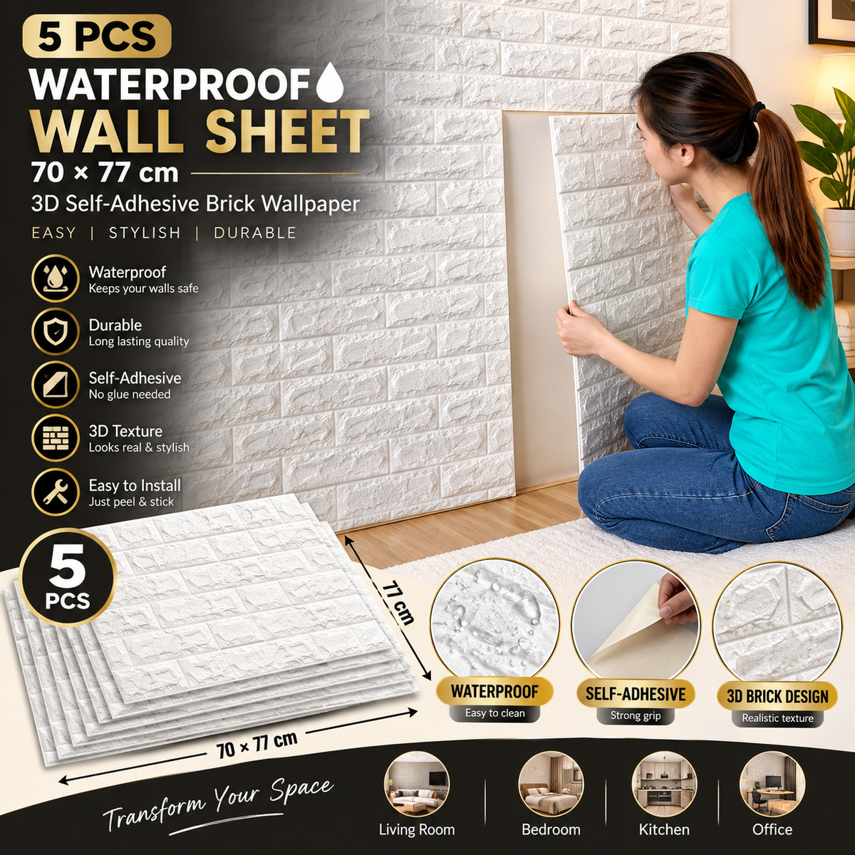 5 Pcs 3D Waterproof Brick Wall Sheets 70×77cm – Self-Adhesive Peel & Stick Wall Panels | Realistic Brick Wallpaper for Home Decor