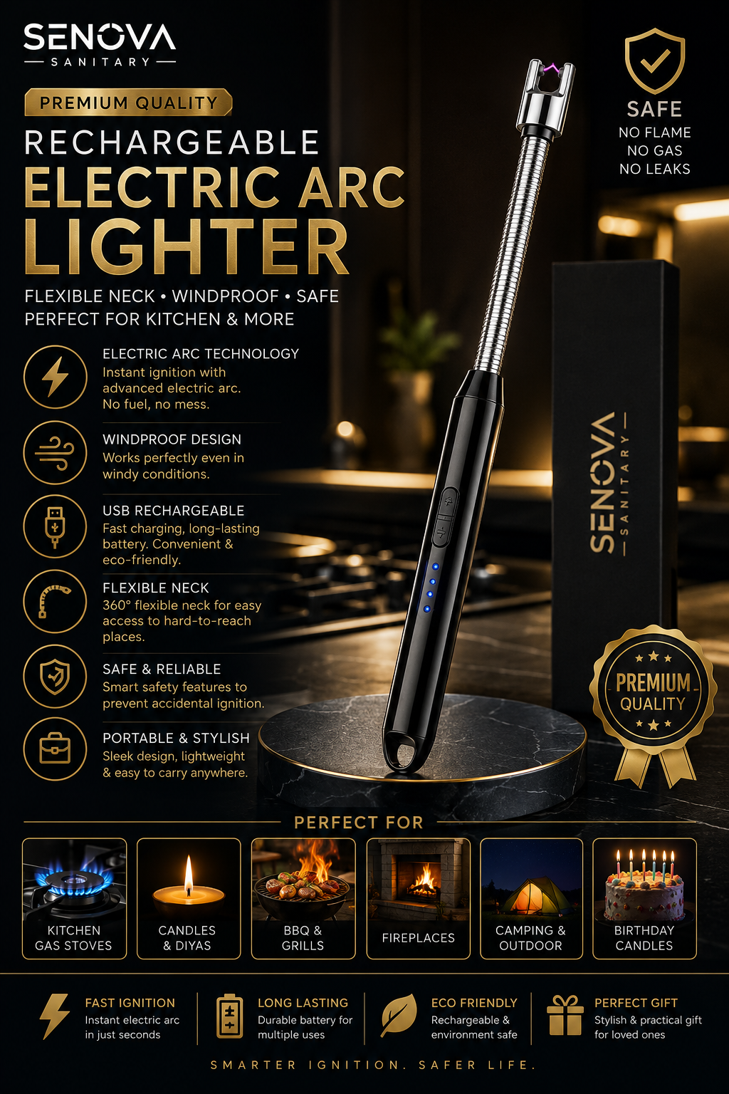 Rechargeable Electric Arc Lighter with Flexible Neck – Windproof &amp; Safe for Kitchen
