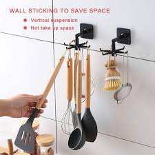 360° Rotating Spoon Hooks Holder – 6 Hook Kitchen Utensil & Spatula Hanger | Self-Adhesive No-Drill Wall Organizer
