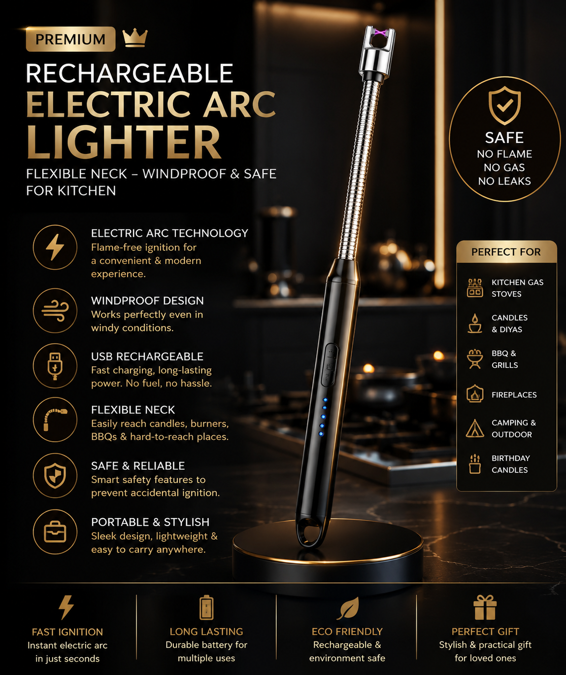 Rechargeable Electric Arc Lighter with Flexible Neck – Windproof &amp; Safe for Kitchen