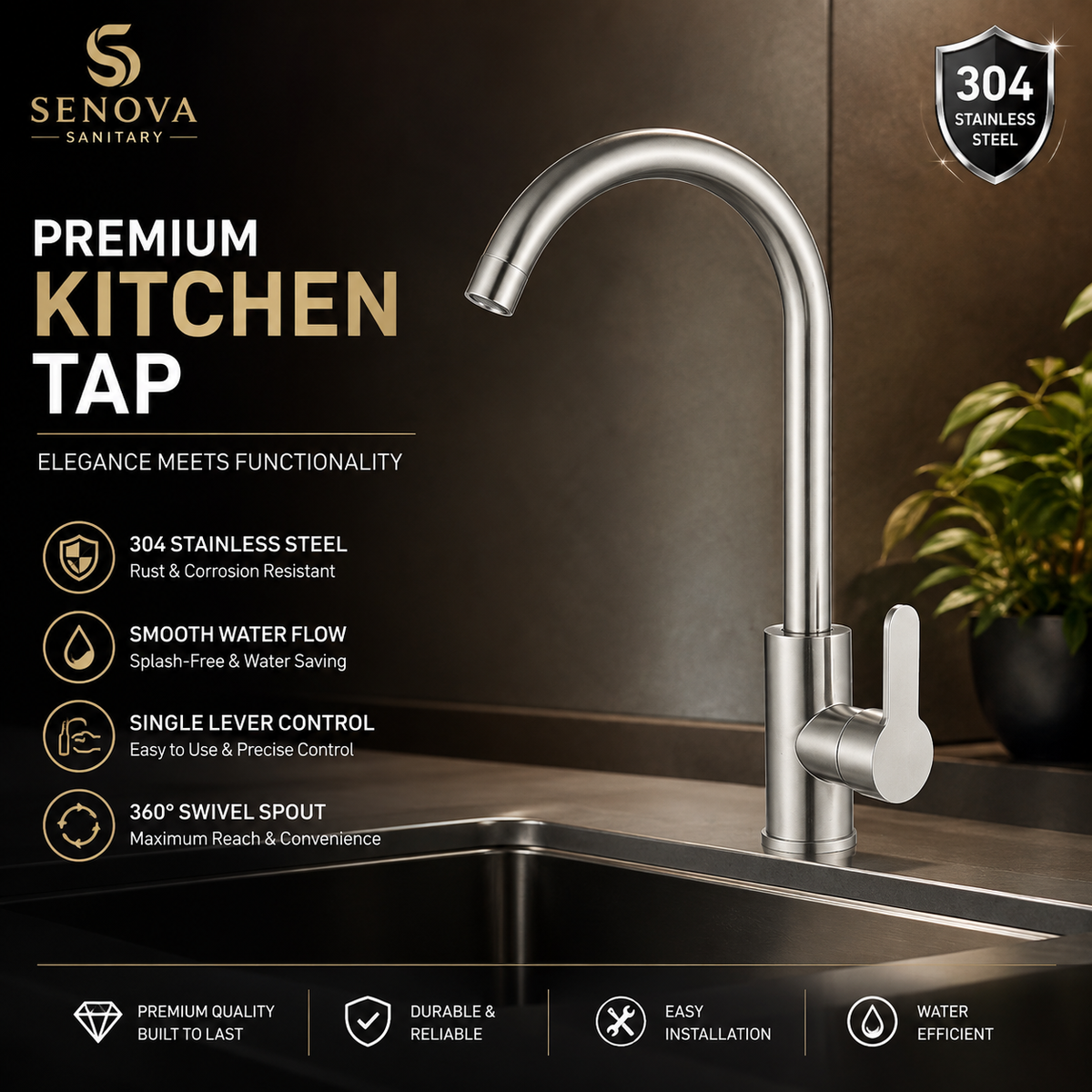 Premium 304 Stainless Steel Kitchen Tap – Single Lever Mixer Faucet with 360° Swivel Spout